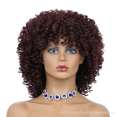 Glueless Short Manufacturers Wholesale With Bang Hot Selling Wine Red Bob Cut Heat Resistant Kinky Synthetic Wigs Curly